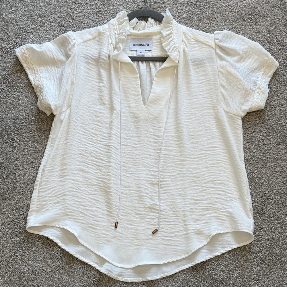 Sabrina Musayev Cream Blouse with Ruffle Neck, XS